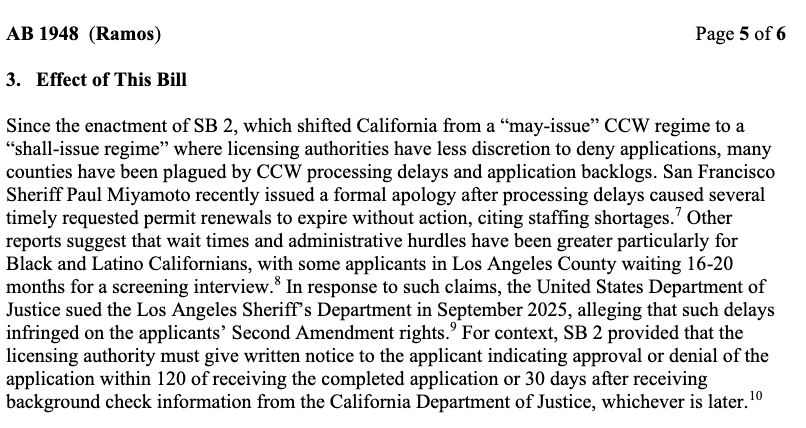 gunpolicy's tweet photo. The latest analysis for the 3-year California CCW bill shows support from police groups and no listed opposition while saying "reports suggest that wait times and administrative hurdles have been greater particularly for Black and Latino Californians": https://t.co/glrc12iFIl https://t.co/QHdAYCZYck