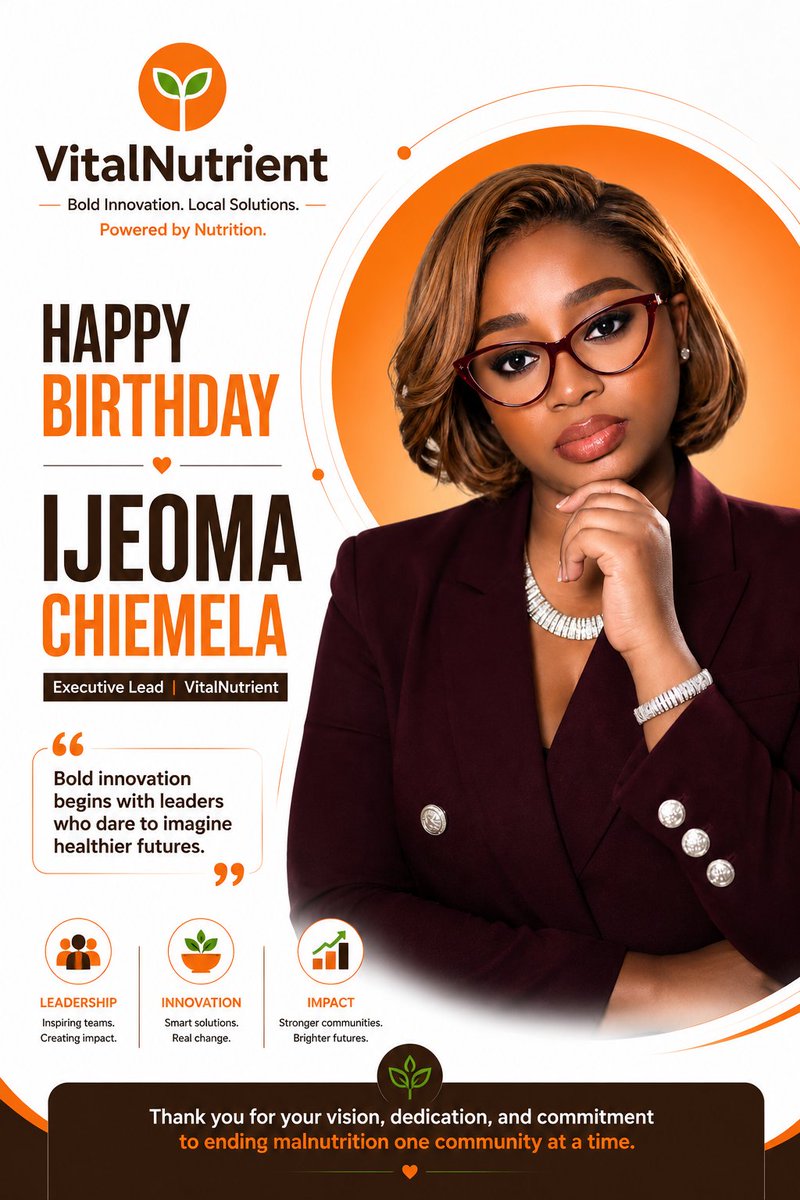 VitalNutrient's tweet photo. Today, we celebrate a remarkable changemaker.
Happy Birthday to @ijeoma_chiemela, Executive Lead of @VitalNutrient 
Her leadership reminds us that lasting impact begins with bold ideas, local ownership, &amp; an unwavering commitment to human dignity. https://t.co/g7ZEu7sGcH