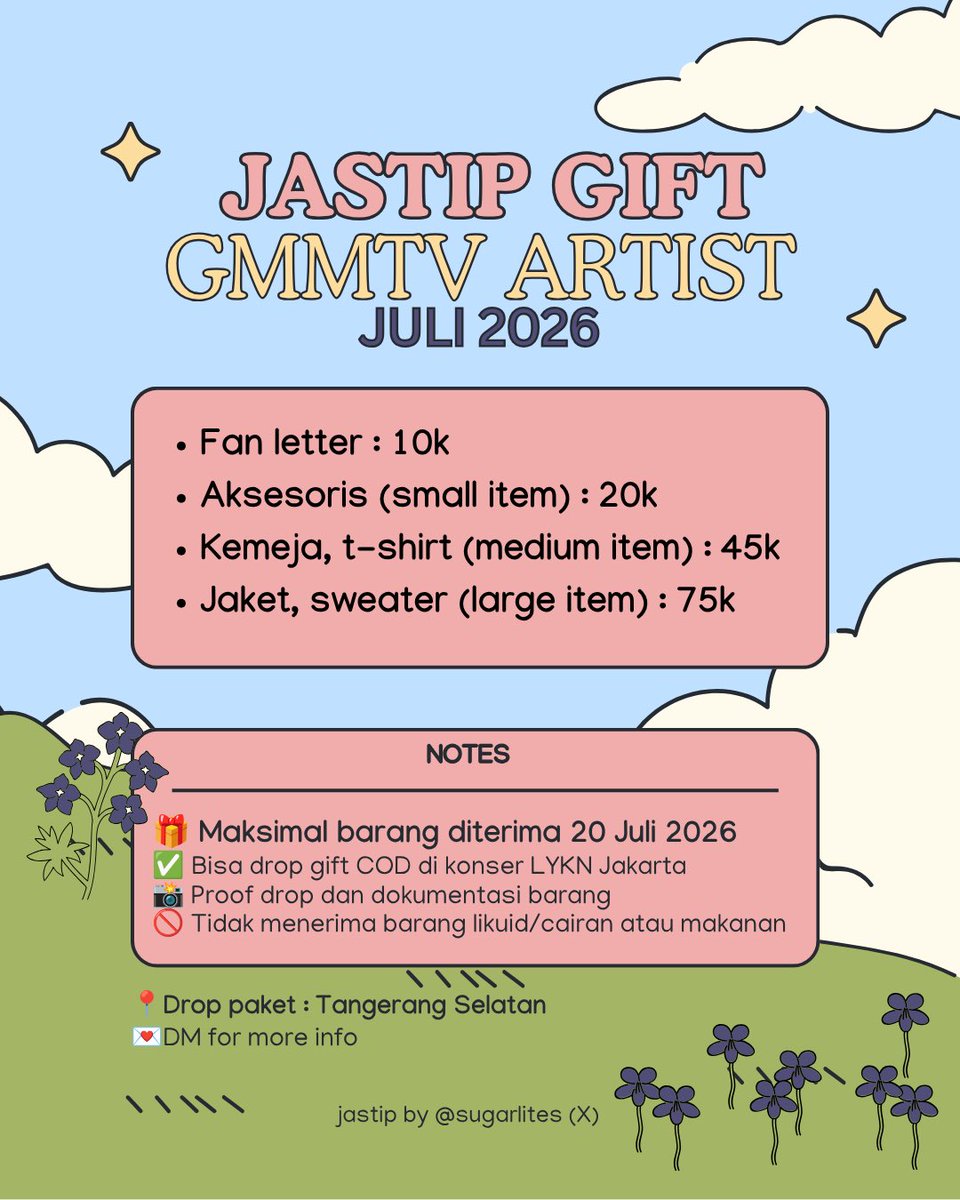 sugarlites's tweet photo. [RTs would be appreciated]
🎁 OPEN JASTIP GIFT KADO GMMTV ARTIST

✨start from 10k
📦Drop paket sampai 20 Juli 2026
✅ Bisa COD di konser LYKN Jakarta
📍Tangsel

💌dm for more info, jangan lupa rep after dm yaa

tag hc bkk bangkok handcarry gmmtv thailand gmm jasa jastip titip https://t.co/7JqRtcKoA3
