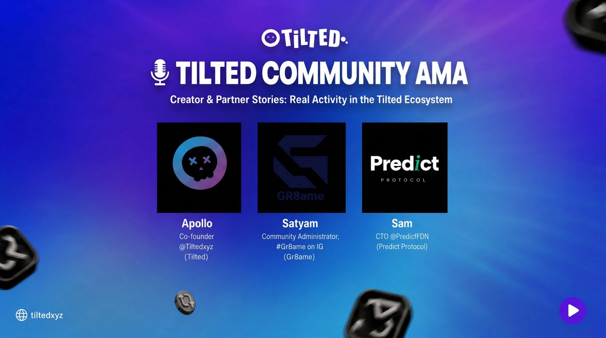 sarahaustin's tweet photo. AMA Wednesday: Creator & Partner Stories — Real Activity in the Tilted Ecosystem

The receipts, not the roadmap. Real builders sharing what's actually happening on the ground.

🗓 June 10 • 8AM UTC 
📍 Tilted Discord → https://t.co/SwOqoDOjti

Host
Apollo — Co-founder @Tiltedxyz
Speakers
• Sam — CTO @PredictFDN (Predict Protocol) 
• Satyam — Community Admin @Gr8ame

We'll cover real activity across creators and partners right now, how Predict Protocol and Tilted are plugging in, stories from the edges of the ecosystem — plus open Q&A.

Set your reminder and join us.