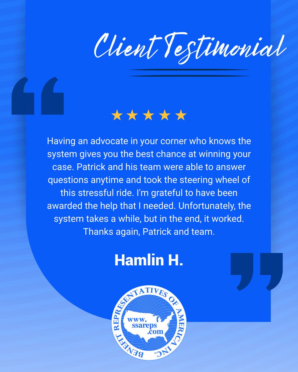 ssareps's tweet photo. 😊 𝗔𝗻𝗼𝘁𝗵𝗲𝗿 𝘀𝗮𝘁𝗶𝘀𝗳𝗶𝗲𝗱 𝗰𝗹𝗶𝗲𝗻𝘁! "Having an advocate in your corner who knows the system gives you the best chance at winning your case. Patrick and his team were able to answer questions anytime and took the steering wheel of this stressful ride. https://t.co/t4RiBhAwp7