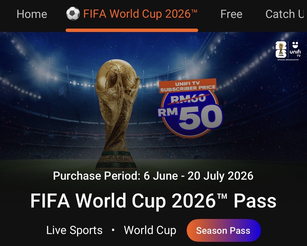 TajuddinKamil's tweet photo. So it is not free after all? The rakyat still have to pay to watch the FIFA World Cup 2026. RM50 for Unifi TV subscribers and RM60 for non-subscribers. Thanks Madani Government. @fahmi_fadzil https://t.co/SJSgcdxAFd