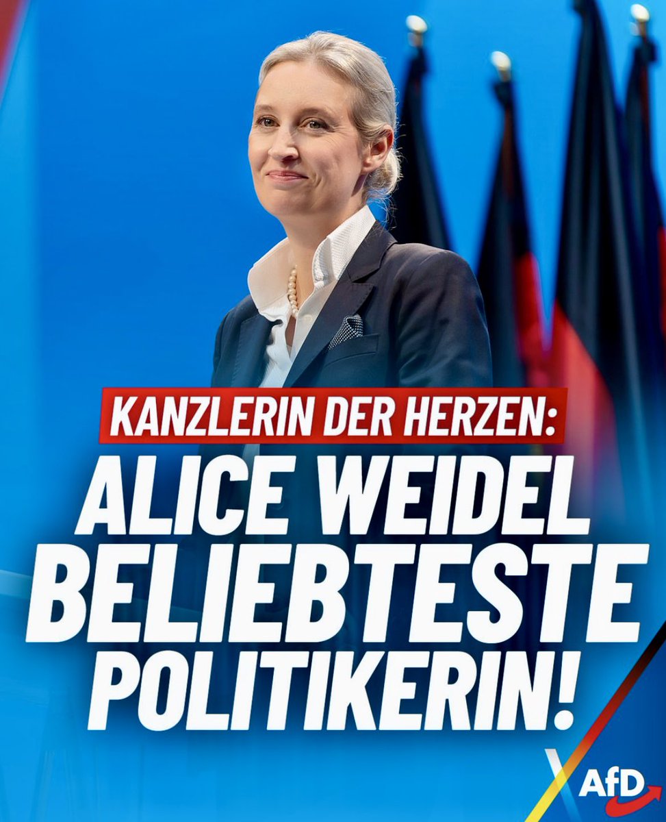 at_michii's tweet photo. Sie ist laut aktuellen INSA-Umfragen die beliebteste Politikerin Deutschlands. Würde sie Kanzlerin werden, wäre das ein historischer Wendepunkt in der Politik und der absolute Wahnsinn. Unsere Alice Weidel ist schon jetzt die Kanzlerin unserer Herzen. https://t.co/5SoUh7GXNT