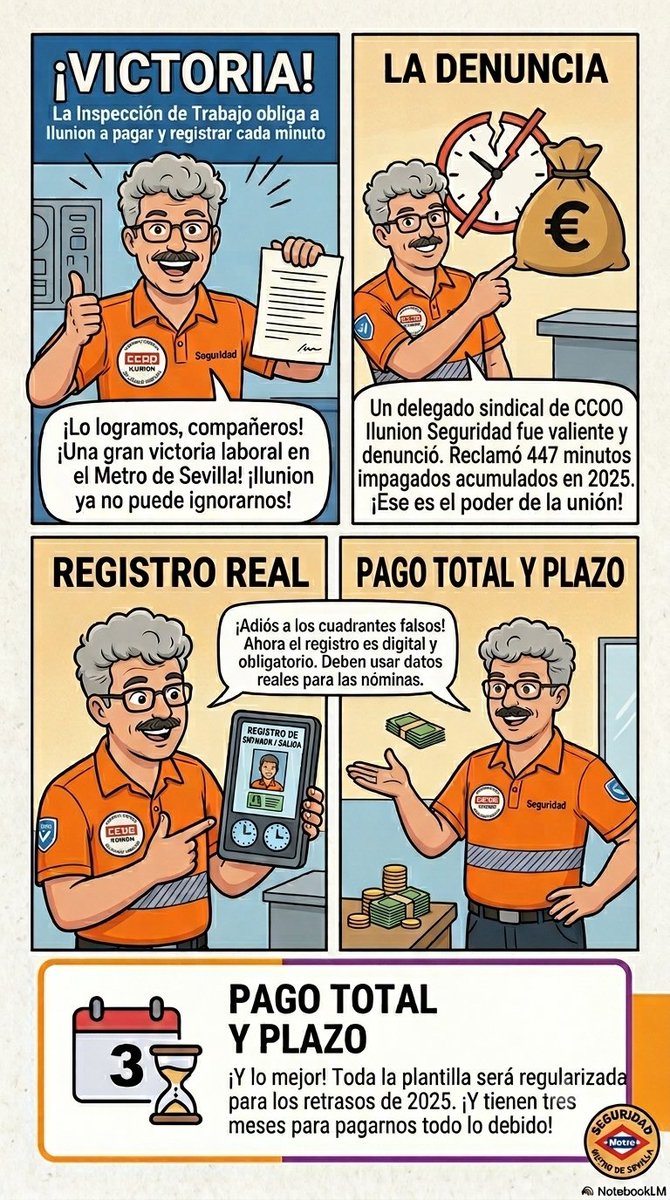 IlunionCcooSev's tweet photo. La Inspección obliga a Ilunion a regularizar TODAS las jornadas de 2025 de la plantilla de Metro Sevilla, cotejar fichajes y cuadrantes, pagar las diferencias salariales y de cotización a la Seguridad Social y acreditar su cumplimiento en un plazo de 3 meses. https://t.co/RvjUJy8ZFa