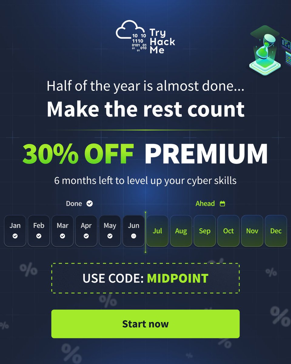 tryhackme's tweet photo. 30% off Premium Annual🚨 Half the year is basically packing its bags… but your cyber goals can still make a comeback.

Use code: MIDPOINT and level up before December starts judging you 👉  https://t.co/zSCjBdcp26
Ends 12/06/2026 at 23:59 UK time. https://t.co/Ki1Rg4cbp4
