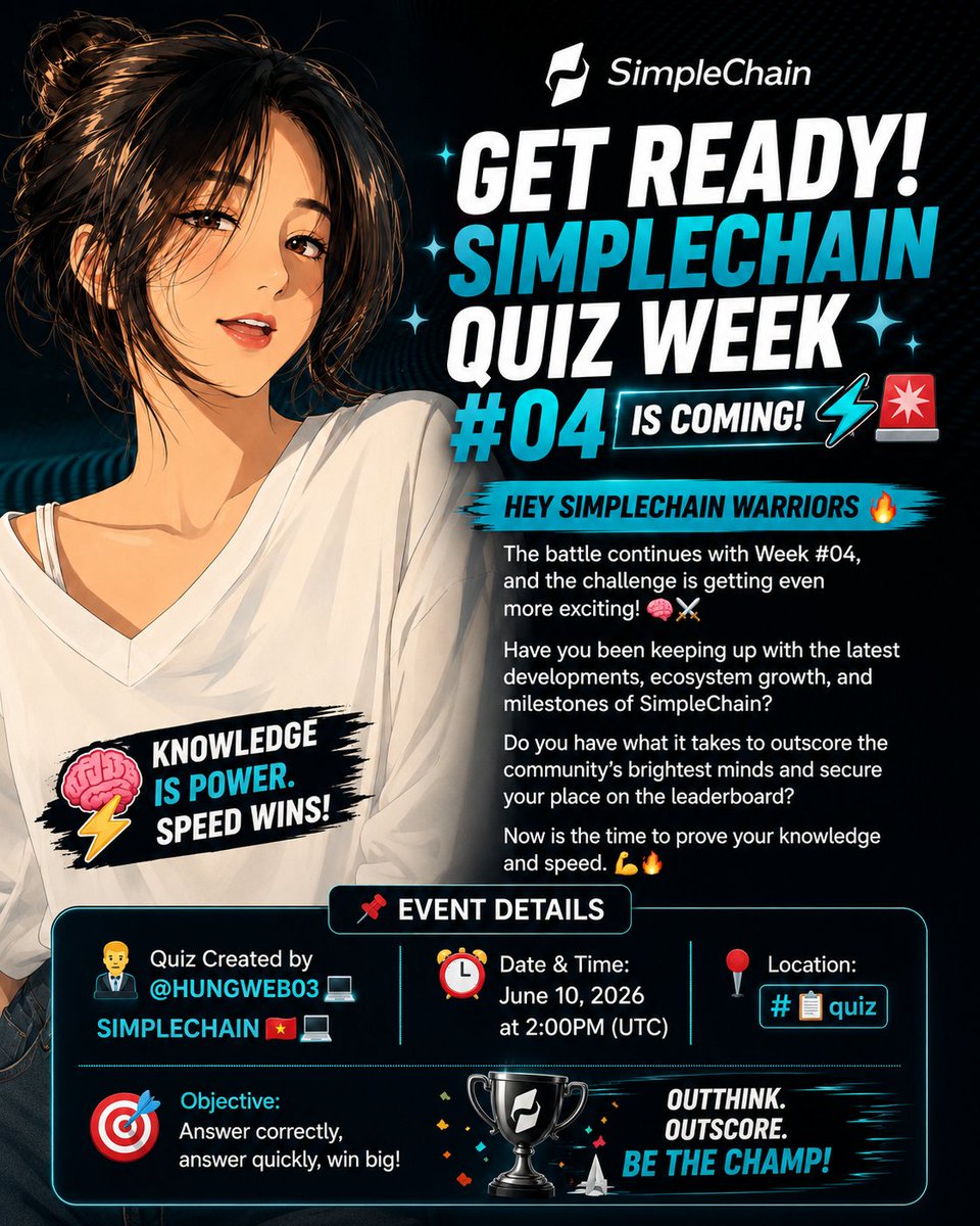 Keziaelian's tweet photo. Think you've got what it takes? π
Join SimpleChain Quiz Week #04
fast answers.
big brain plays.
leaderboard energy. π
June 10 β’ 2PM UTC π₯
#SimpleChain #QuizzWeek
@SimpleChain_RWA https://t.co/4u1rcmgmNp