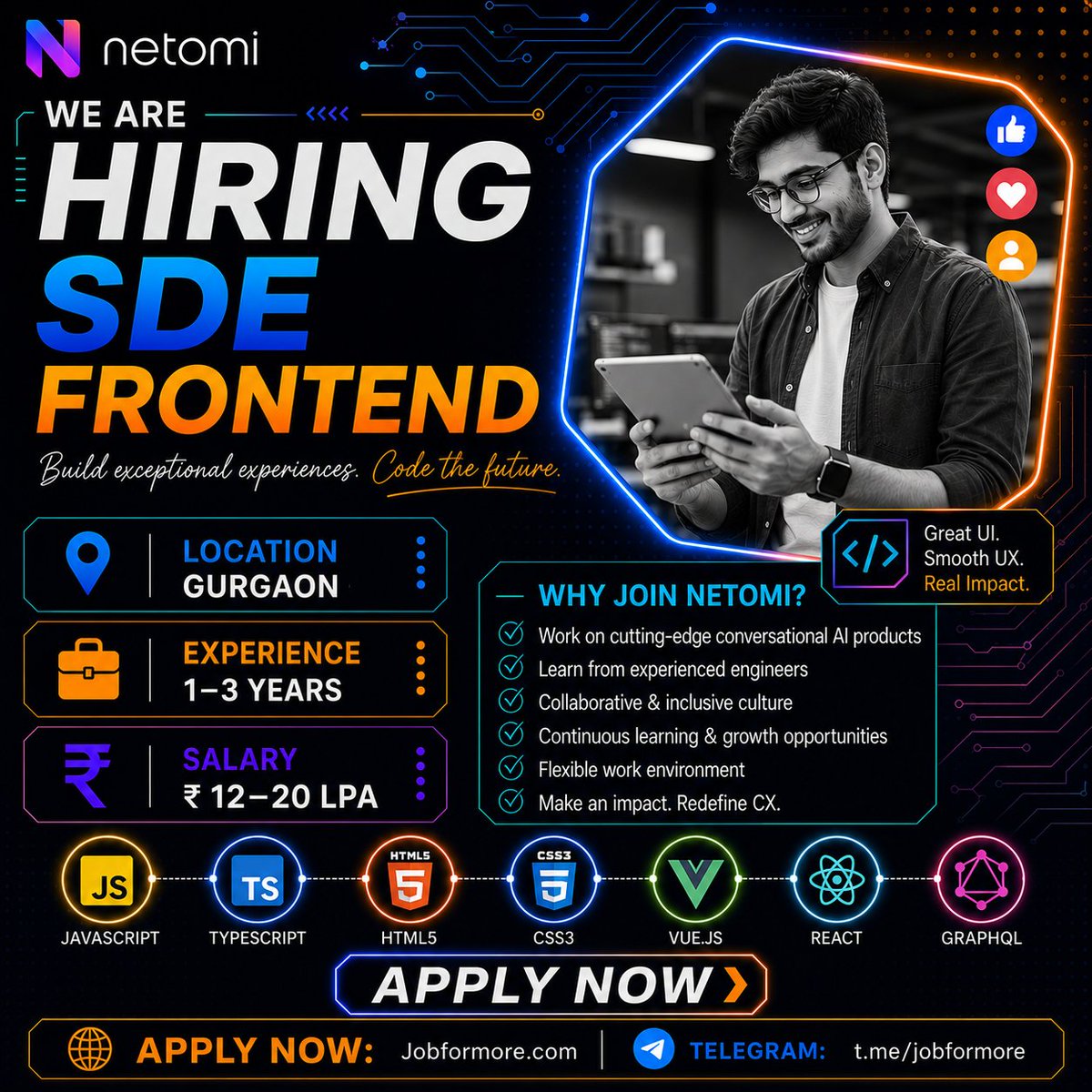 jobformore's tweet photo. ๐ SDE Frontend @ Netomi
๐ Gurgaon | 1-3 yrs
๐ BE/BTech in Computer Science
๐ง JavaScript, TypeScript, HTML5, CSS3, Vue.js, React, GraphQL
๐ฐ INR 12โ20 LPA
#Jobformore #Netomi #FrontendEngineer #Hiring #SaaS
Apply: https://t.co/FkrDqYaH6r https://t.co/WNzzyAuI6F