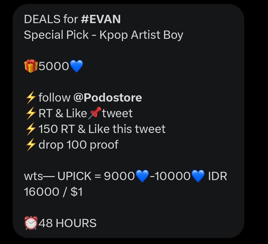 HeeseungVoting's tweet photo. DEALS for #EVAN    
Special Pick - Kpop Artist Boy

🎁5000💙

⚡follow @Podostore
⚡RT &amp; Like📌tweet
⚡150 RT &amp; Like this tweet
⚡drop 100 proof

wts— UPICK = 9000💙-10000💙 IDR 16000 / $1

⏰48 HOURS https://t.co/W1mT4rDR8I