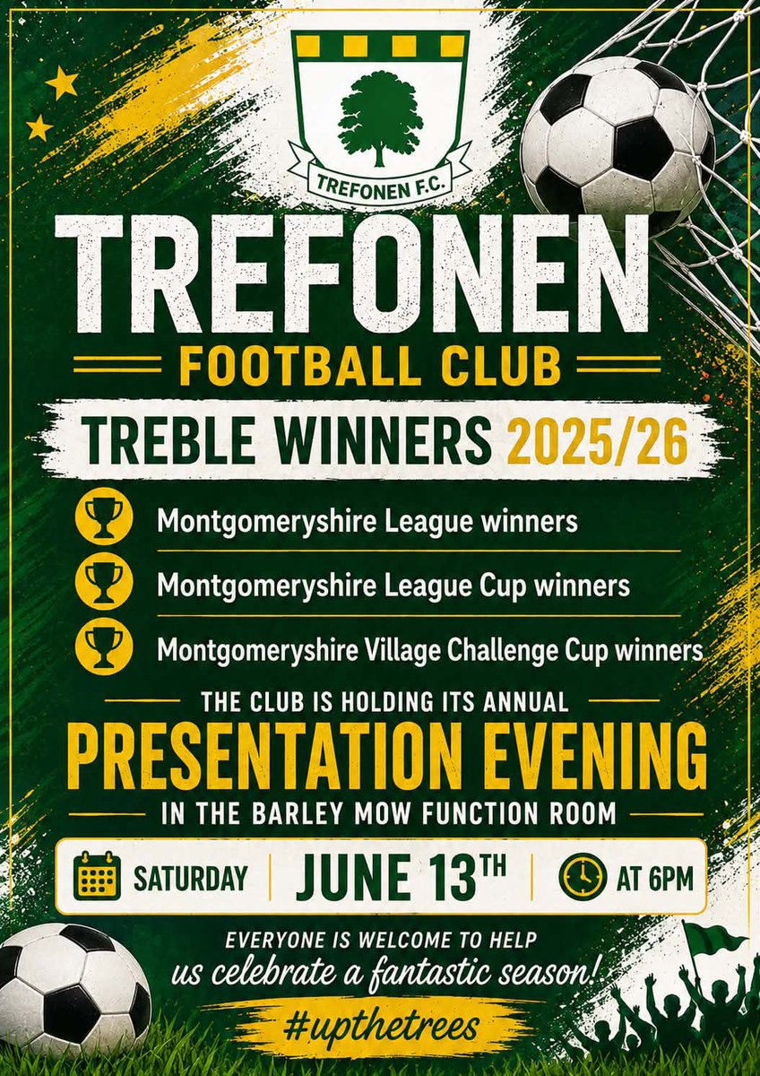 Trefonen_FC's tweet photo. Presentation Evening

Join us on Saturday 13th June at The Barley Mow for a night of awards as we celebrate our treble winning season.

#Pitmen💛💚 https://t.co/61YyvNustF
