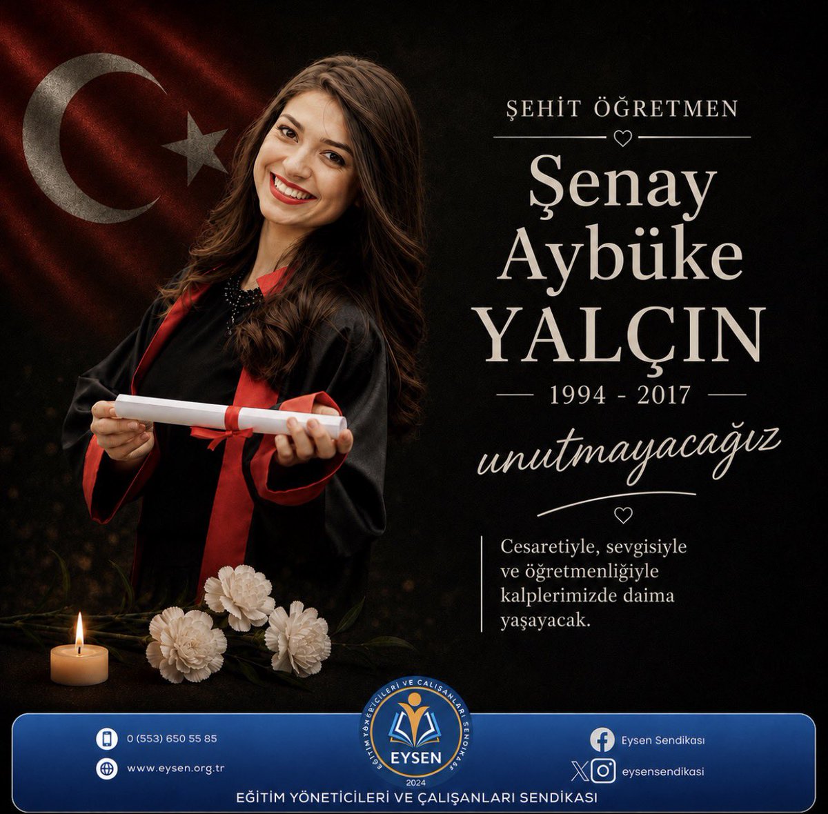 eysensendikasi's tweet photo. Öğrencilerine karnelerini dağıttıktan sonra evine dönerken hain bir terör saldırısında şehit edilen Müzik Öğretmeni Şenay Aybüke Yalçın’ı rahmet, minnet ve saygıyla anıyoruz.

Henüz 22 yaşında, mesleğinin başında; umutları, hayalleri ve öğrencilerine duyduğu sevgiyle geleceğe ışık tutmaya çalışan Aybüke Öğretmen, terörün karanlığına karşı eğitimin, sevginin ve vatan sevgisinin sembolü olmuştur.

Aradan geçen yıllara rağmen gülen yüzü, öğrencilerine olan bağlılığı ve dilinden düşürmediği türküler hafızalarımızdaki yerini koruyor.

Aziz hatıran önünde saygıyla eğiliyoruz.

Unutmayacağız…

🇹🇷 Şehit Öğretmen Şenay Aybüke Yalçın
1994 - 2017