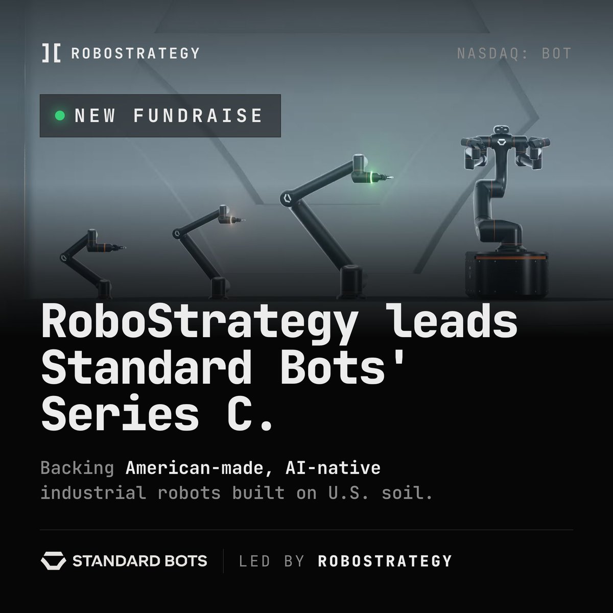 RoboStrategy's tweet photo. NEW FUNDRAISE

RoboStrategy leads Standard Bots' Series C fundraise

Follow @evanbeard &amp; @standardbots for future updates https://t.co/rJCWcX5T2h
