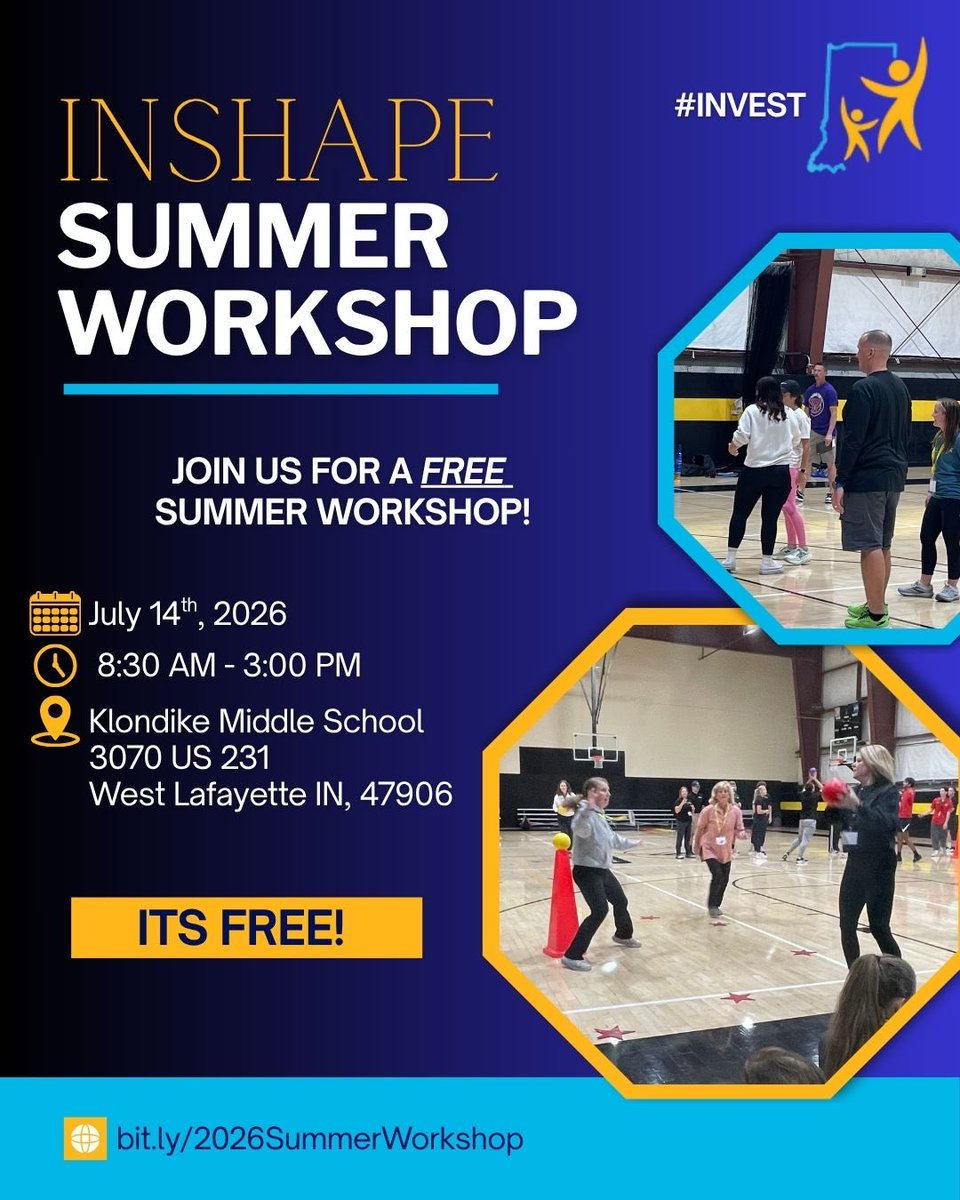 IndianaSHAPE's tweet photo. There is still time to register for the FREE Summer Workshop! Tell your friends! 🔗https://t.co/SgIHbmwjdp #PhysEd #HealthEd https://t.co/iKha6XkGl0