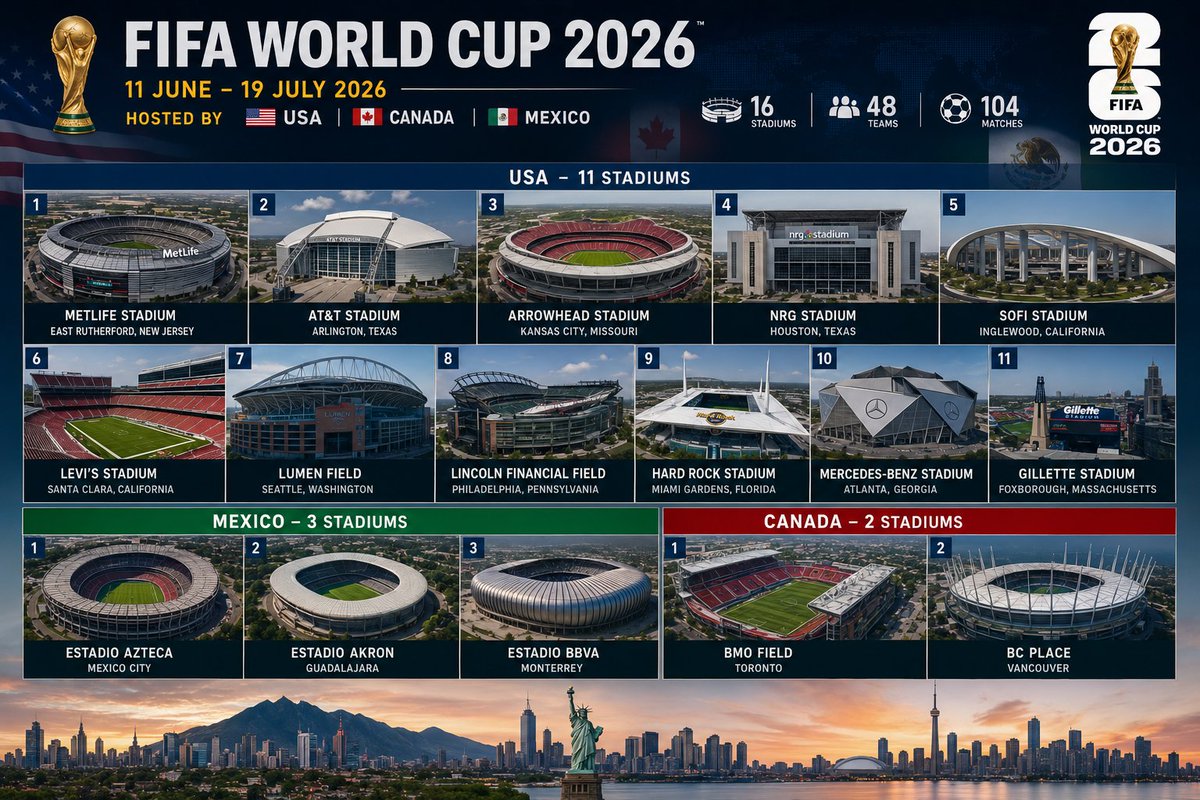 LiveSipul's tweet photo. ⚽ FIFA World Cup 2026

📅 11 जून – 19 जुलाई 2026

🌎 मेजबान: USA, Canada और Mexico

🏟️ 16 स्टेडियम | 48 टीमें | 104 मैच

फुटबॉल के सबसे बड़े महाकुंभ का इंतज़ार अब बस कुछ दिनों का! 🏆🔥

#FIFAWorldCup2026 #WorldCup2026 #FIFA #Football #Soccer #USA2026 #Canada2026 #Mexico2026 https://t.co/q8xRwxaXnE