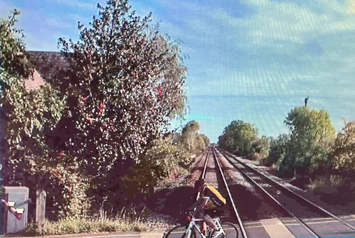 stuartthomas's tweet photo. This was the driver’s view on an @LNER London-Lincoln service last September. 

The cyclist was no more than a second away from being hit. 

On International Level Crossing Awareness Day a reminder to stop, look and listen at level crossings - there are no second chances. https://t.co/weIFrEoW8H