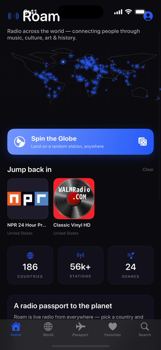 sitarbug's tweet photo. Roam: World Radio - an iOS app to hear the music from around the world 🌍 Tap "Spin the Globe" and you're live on a radio station anywhere — Tokyo, Bamako, Rio. Browse by country, build a Passport of everywhere you've tuned in, save favorites, works in CarPlay. No ads. Free!
Out now in App Store 👇
https://t.co/lbMtciyPjx #WorldRadio #IndieApp #iosapp #appleapps