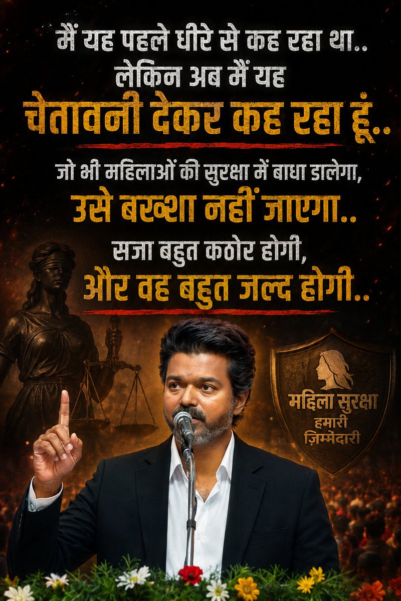 DhruvRatheNx's tweet photo. "मैं ये बात पहले तो नरमी से कह रहा था... लेकिन अब मैं इसे चेतावनी के तौर पर कह रहा हूँ... जो भी महिलाओं की सुरक्षा को खतरे में डालेगा, उसे बर्दाश्त नहीं किया जाएगा... सजा बहुत कड़ी होगी और बहुत जल्द दी जाएगी..." - थलपति विजय🔥 https://t.co/a9v5GcDCDM