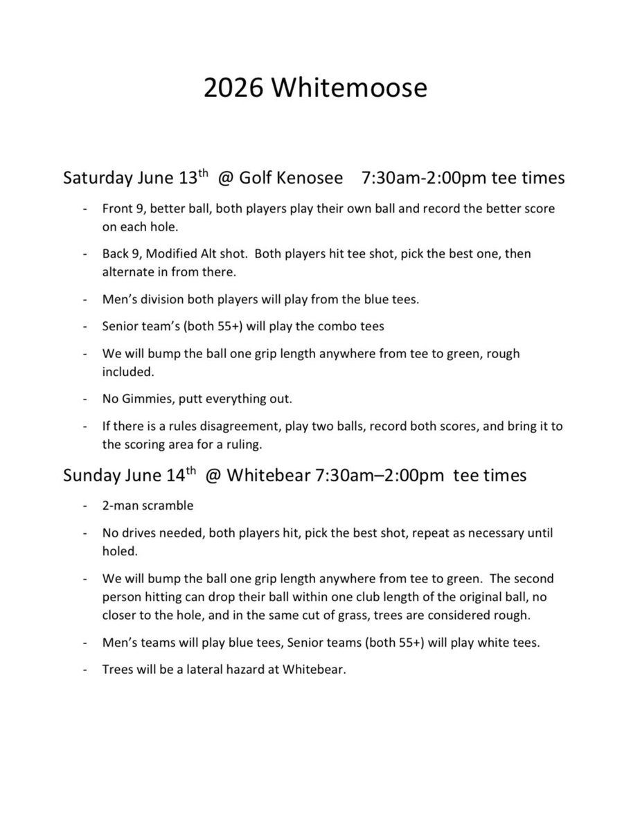 Whitemoose2man's tweet photo. It’s Whitemoose week!  Here are the rules for this year.   

We are looking for one more team to round out the tournament, first team to call or text 306-575-6610 is in.   

Looking forward to another great tournament! https://t.co/cH8NvL0gLs