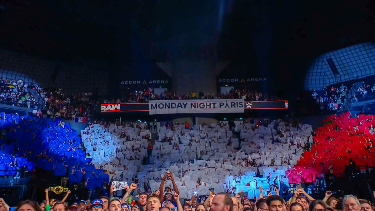 GBerlandier's tweet photo. French fans absolutely stole the show on #WWERaw 🇫🇷🔥! A massive France-themed tifo lit up the arena, then came a huge “Happy Birthday” banner for Liv Morgan 🎂❤️. Wrestling fans in France are simply on another level! 👏  #WWEParis https://t.co/LEzqbpRdGk