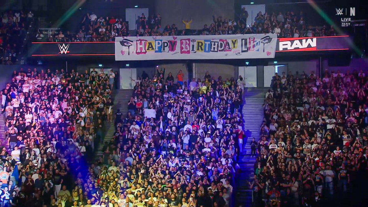 GBerlandier's tweet photo. French fans absolutely stole the show on #WWERaw 🇫🇷🔥! A massive France-themed tifo lit up the arena, then came a huge “Happy Birthday” banner for Liv Morgan 🎂❤️. Wrestling fans in France are simply on another level! 👏  #WWEParis https://t.co/LEzqbpRdGk