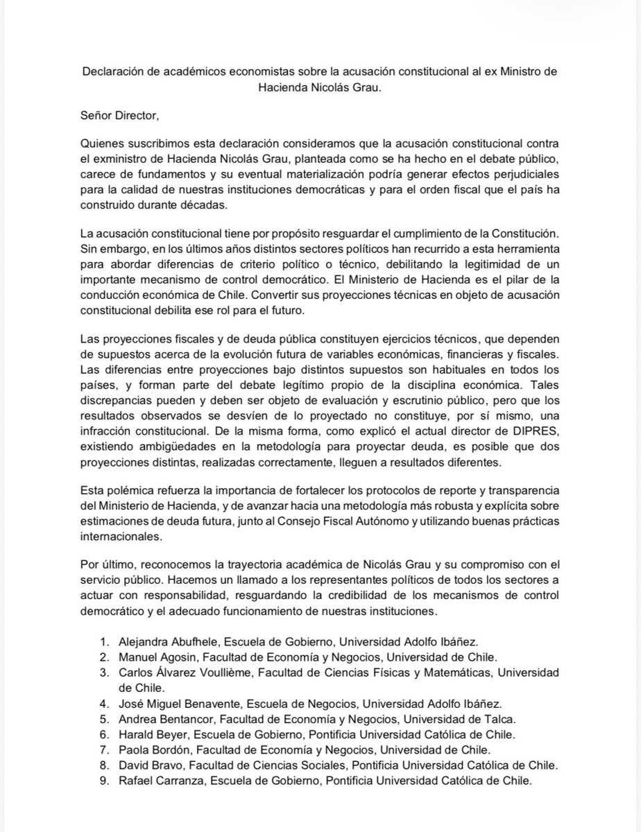 RebeldeErrante's tweet photo. Tremenda carta con más de 50 prestigiosos economistas señalando que acusación constitucional contra Grau no tiene fundamento. Incluye a Harald Beyer, Engel, Repetto, David Bravo, Roberto Zahler entre otros. https://t.co/2rqDnzd2e1