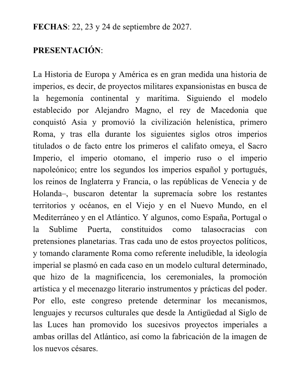 iha_uji's tweet photo. 🏛️ Call for Papers | Congreso Internacional IMPERIUM SINE FINE  

📅 22, 23 y 24 de septiembre de 2027  

Anunciamos un nuevo congreso para el año que viene!!!  

👉 Todo sobre sobre temática, mesas, participación y publicación puede consultarse en las siguientes imágenes ⬇️⬇️⬇️ https://t.co/l2UIbWQYF3