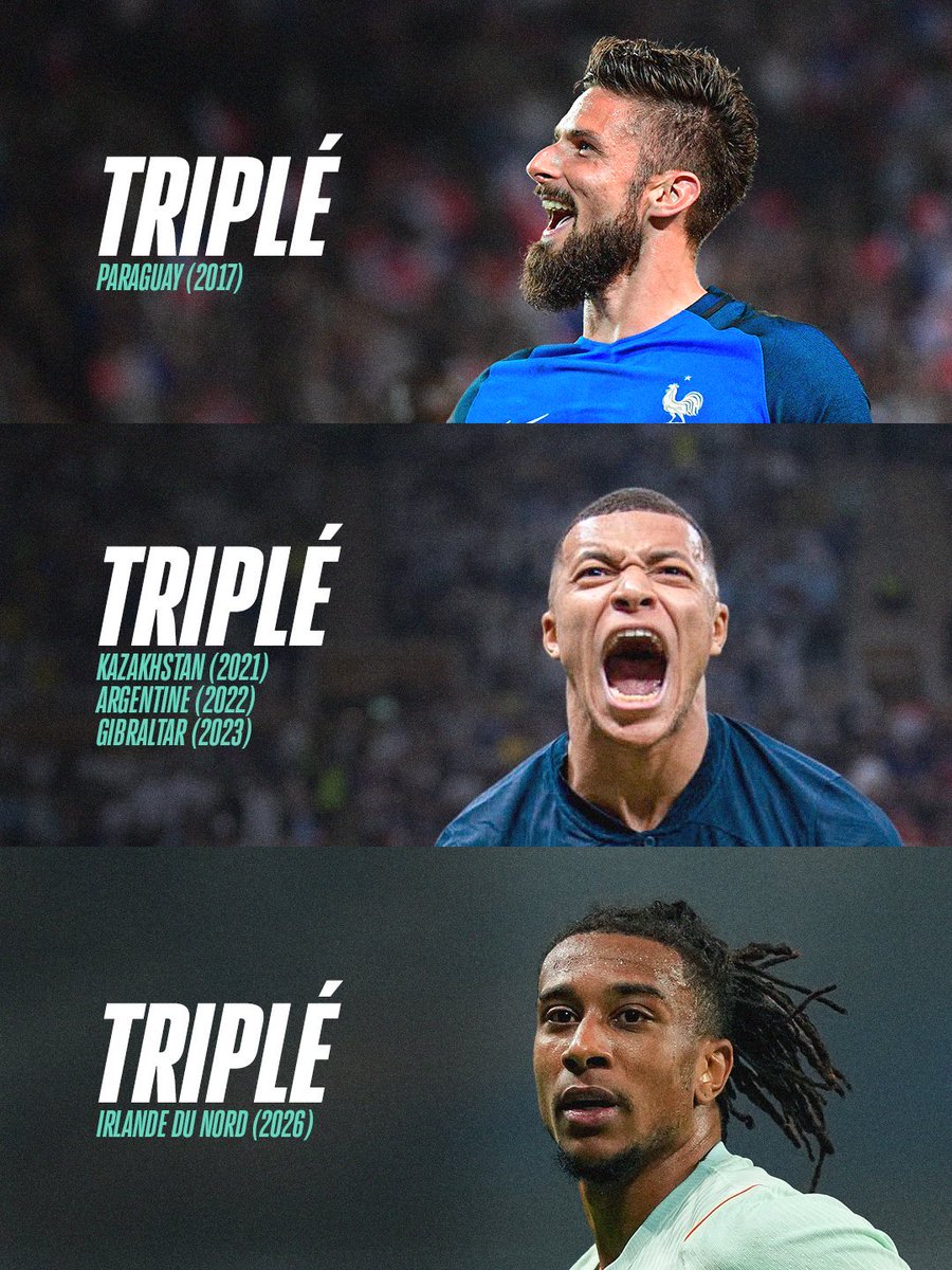 leuropefootball's tweet photo. 21. Yüzyılda milli takımda hat-trick yapan Fransa futbolcuları:

🔝 Michael Olise listeye eklendi. https://t.co/6fSQ2rKSMt