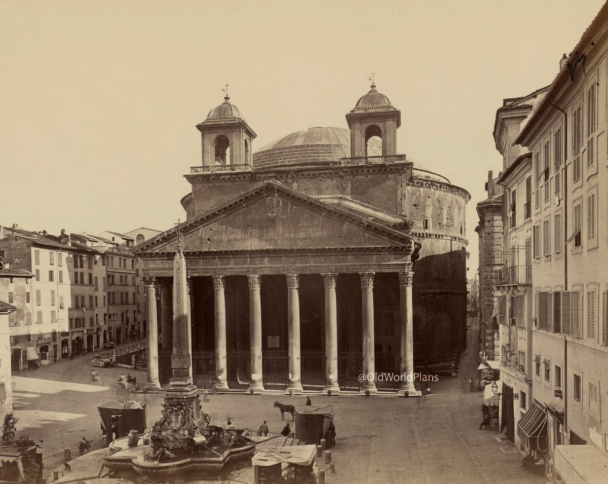 OldWorldPlans's tweet photo. The Pantheon once wore two bell towers. Romans mocked them as "the donkey's ears."
A photograph of the Pantheon in Rome by the D'Alessandri brothers, around 1870. The best-preserved building of ancient Rome, a temple turned church in 609, it carried these twin towers from the 1600s for over two centuries. Everyone blamed them on the great Bernini, though he never built them; the design was Carlo Maderno's. They were pulled down in 1883, soon after this photo was taken. See them in an older view, next page. 👇