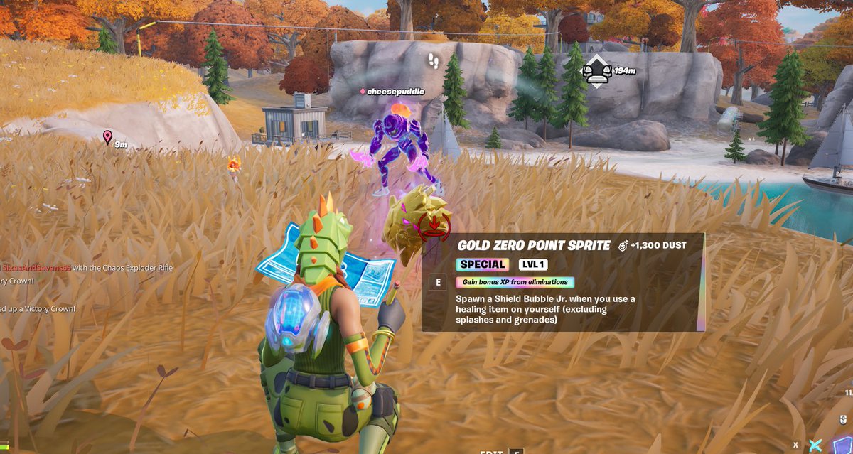 destras's tweet photo. GOLDEN ZERO POINTS SPRITE IS AQQUIRED in #fortnite! Thank you so much @cheesepuddlee for hooking me up with the normal one AND the golden one, you are the goat 💚 https://t.co/o3TG8mWvwk