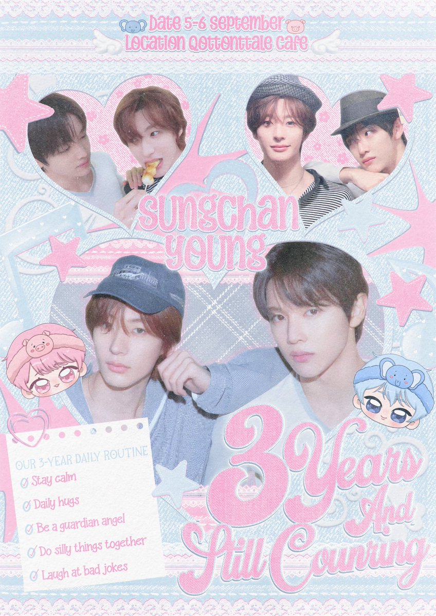 room91321's tweet photo. 𝗪𝗲’𝗿𝗲 𝘀𝗼 𝗯𝗮𝗰𝗸 𝘁𝗼 𝗰𝗲𝗹𝗲𝗯𝗿𝗮𝘁𝗲🥳 

3 years of debut, 
3 years of sungchanyoung, 
and still counting ♡

Date: 5 – 6 September 2026
Venue: Qottontale Cafe

Mark your calendars — we can’t wait to see you there.🍎

🦌🐶🦕🐘🐷

#SUNGCHAN #ANTON
#성찬영 #숑톤
#scystillcounting #91321cafe