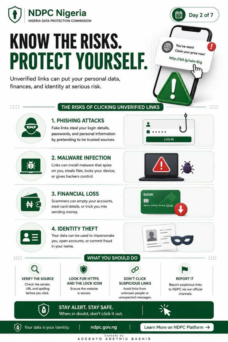 Profjhay01's tweet photo. I'm here again for Day 2 of my 7 Days Data Privacy Challenge with @NDPCNigeria 
Today's conversation is one that could save your accounts,your money, and your identity.
Today's topic is the danger of unverified links and what happens when you click them. https://t.co/rVi8pvhysh
