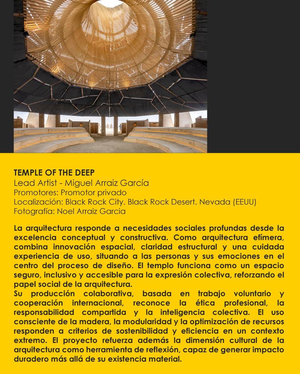 COACV's tweet photo. @CSCAE Proyecto finalista en los #PremiosARQUITECTURA 2026

Temple of the Deep, Miguel Arraiz García, una arquitectura efímera creada para Burning Man 2025 (Nevada, EE. UU.) que pone el foco en la experiencia colectiva, la sostenibilidad y el poder cultural y emocional de arquitectura https://t.co/elHIdV0sSO
