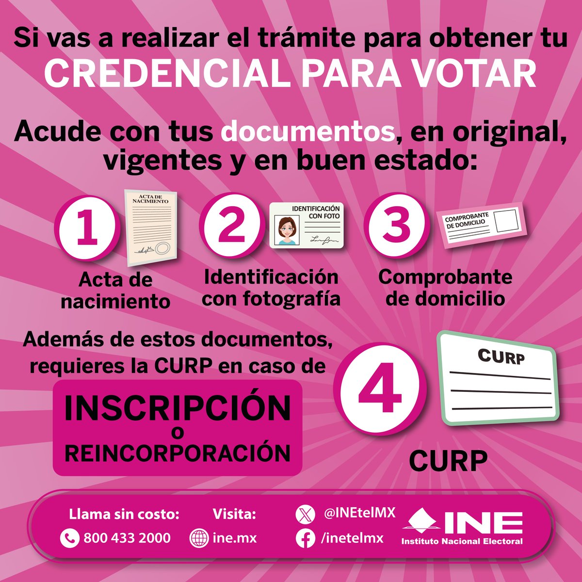 INEQueretaro's tweet photo. #Abusado 🫡¿Vas a tramitar tu #CredencialParaVotar 🪪? Recuerda que debes presentar los siguientes documentos:
✅Acta de nacimiento
✅Comprobante de domicilio
✅CURP (en caso de inscripción o reincorporación al Padrón). https://t.co/DEriwQfKw0