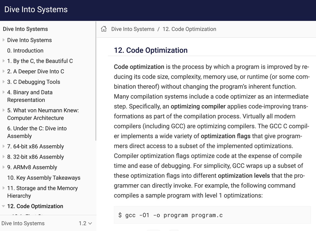 vivekgalatage's tweet photo. Dive Into Systems - free online book diving into systems engineering.  The chapter on code optimization talks about various compiler flags and the respective work done.

https://t.co/0nuYiNiC1O https://t.co/pauHG29hyo