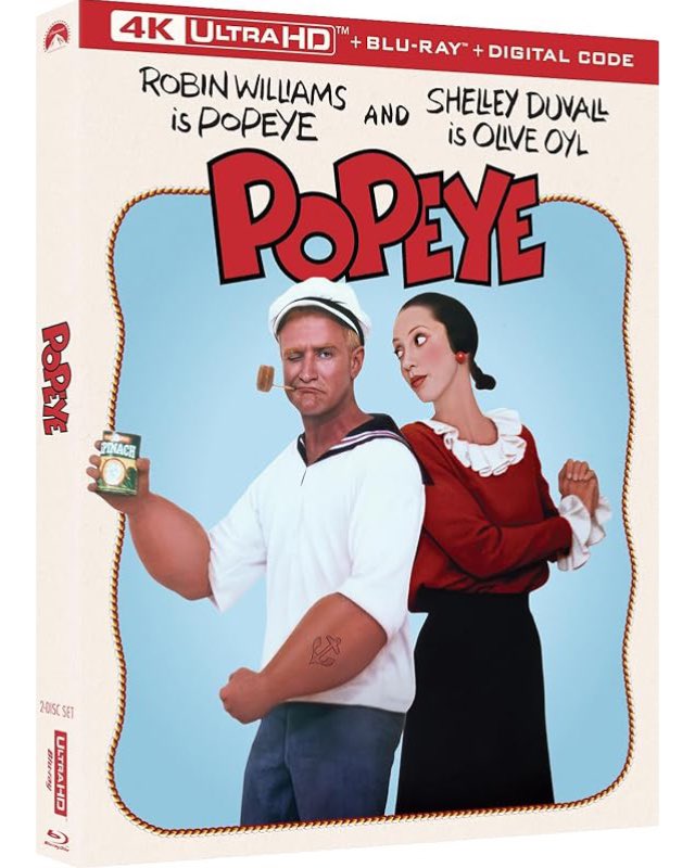 dawnofthediscs's tweet photo. Coming to 4K UHD 8/18 from Paramount 

Popeye (1980) 4K UHD 

Pre-order: https://t.co/dU3MXNTSBY

Based on the long-running comic strip created by E.C. Segar (and less on the animated cartoons created by Max Fleischer, which were decidedly different in tone and approach), Popeye follows the sailor man with the mighty arms (played by Robin Williams in his first major film role) as he arrives in the seaside community of Sweethaven in search of his long-lost father. Popeye meets and quickly falls for the slender Olive Oyl (Shelley Duvall, in the role she was born to play), but Olive’s hand has already been promised to the hulking Bluto (Paul Smith), of whom Olive can say little except, well, he’s large. Eventually, Popeye and Olive are brought together by Swee’ Pea (Wesley Ivan Hurt), an adorable foundling, and Popeye finally meets his dad, Poopdeck Pappy (Ray Walston). Director Robert Altman in no way tempered his trademark style for this big-budget family opus, crowding the screen with a variety of characters and allowing his cast to overlap as much dialogue as they want.

#Popeye #RobinWilliams #paramount #bluray #physicalmedia #Cinema #Horror #Movie #Movies #HorrorCommunity #FilmCommunity #4KBluray #4KUltraHD 
 #physicalmedia #FilmstaGram #physicalmediaforever #bluraycollector #bluraycollection #Horror #HorrorMovie #HorrorMovies #Film #Cinema #CinemaLovers #FilmTwitter #Cinephile #MovieBuff #NowWatching