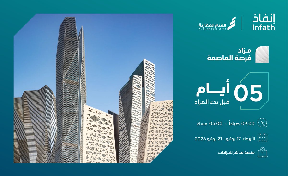 AlgnamSa's tweet photo. 5 ايام تفصلنا عن مزاد #فرصة_العاصمة 
والمقام عبر منصة مباشر للمزادات 
وذلك تحت إشراف مركز الإسناد والتصفية #إنفاذ 

فرصة استثمارية واعدة في موقع مميز #بمدينة_الرياض
                                 ⬇️

رابط المنصة : https://t.co/iYFhcHueVl

للأطلاع على باقي التفاصيل : https://t.co/WKBZWETVT6