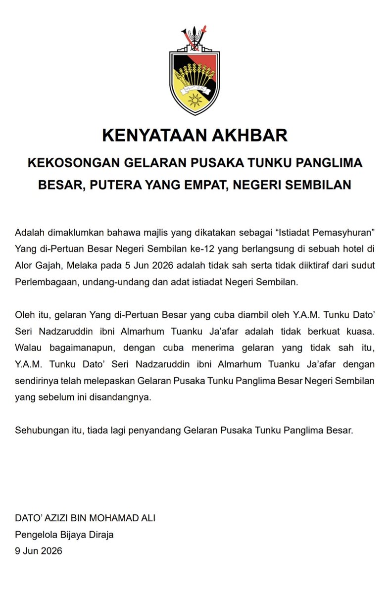 adamyusuf88's tweet photo. Tamatlah sudah kisah wujudnya dua Yamtuan besar di Negeri Sembilan 

Maka janganlah disebarkan perkara yang secara rasminya sudah tidak sah.

Eloklah di padam agar tidak terkait 3R segala poster dan ucapan tahniah https://t.co/fucq6vqvbh