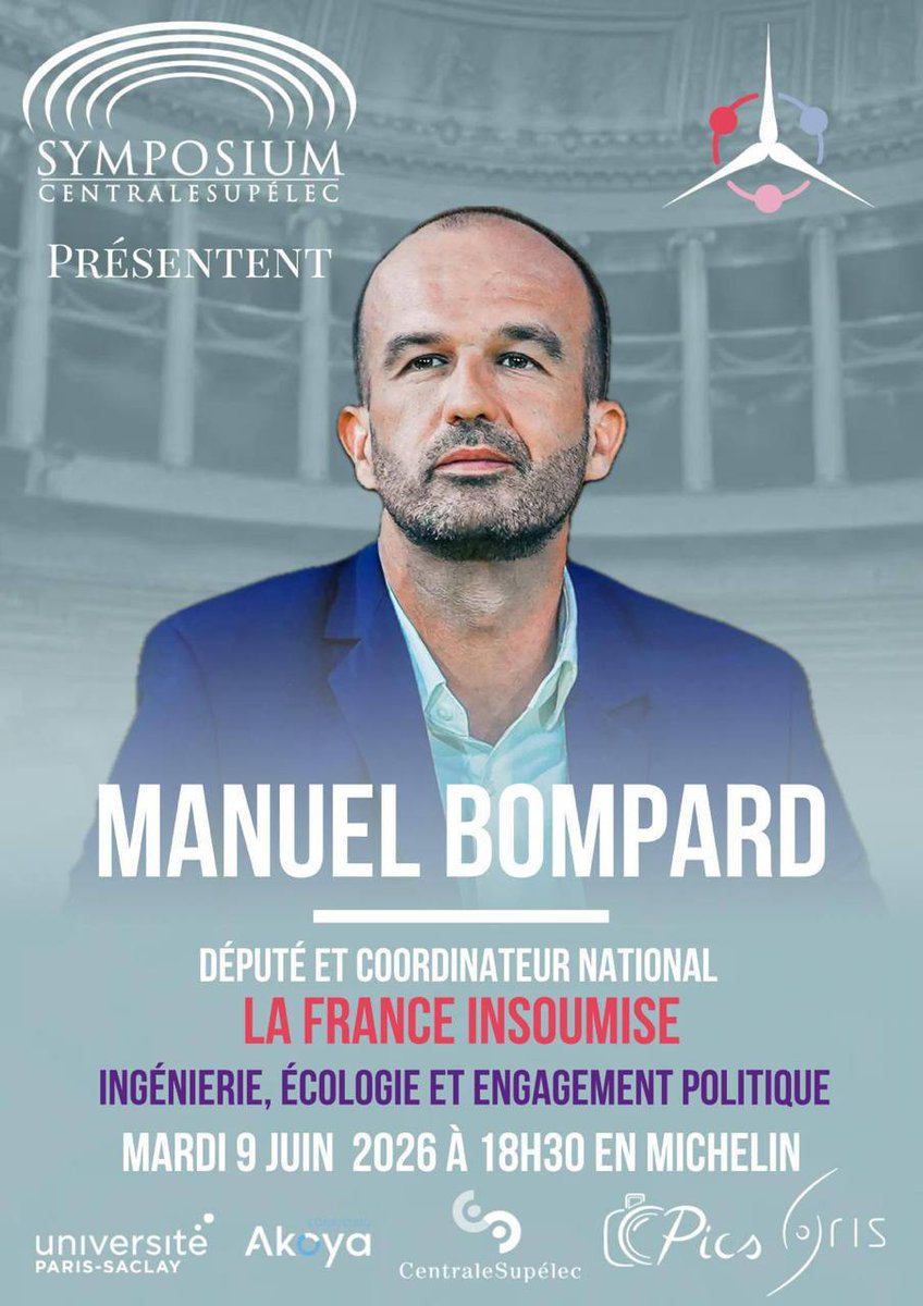 mbompard's tweet photo. 🔴 Conférence à CentraleSupélec !

Je vous attends nombreuses et nombreux ce mardi 9 juin à partir de 18h30 pour une conférence sur l'ingéniérie, l'écologie et l'engagement politique.

👉 Rendez-vous en Amphi Michelin, 3 Rue Joliot Curie, Gif-sur-Yvette 91190 (entrée libre) https://t.co/8qjHLrqwgh