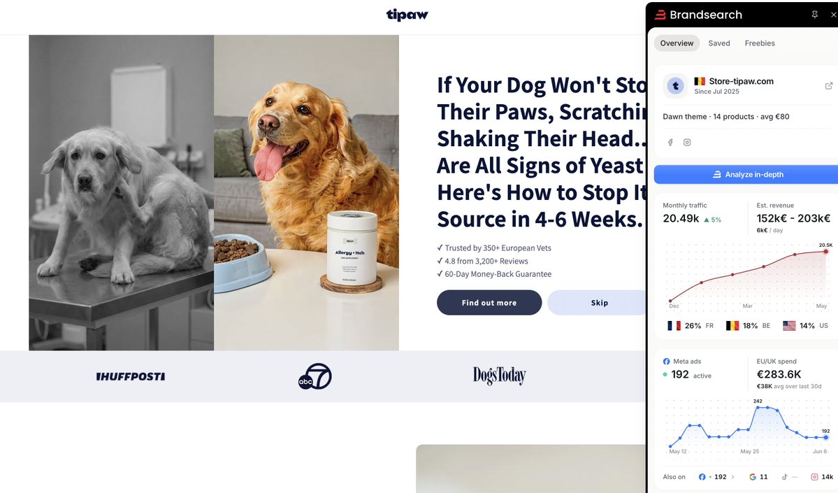ecomrudolfs's tweet photo. This Pet Supplement brand is growing month over month

Out of 192 active ads this is their top performing one

Notice how they specifically talk to only one specific PAIN 

They don't try to convert everyone

They focus on one SPECIFIC angle and hammer it

Go study them...

Link to ad: https://t.co/Xhbd4SZc9D

The lander it sends traffic to: https://t.co/w9kCbe9NAA