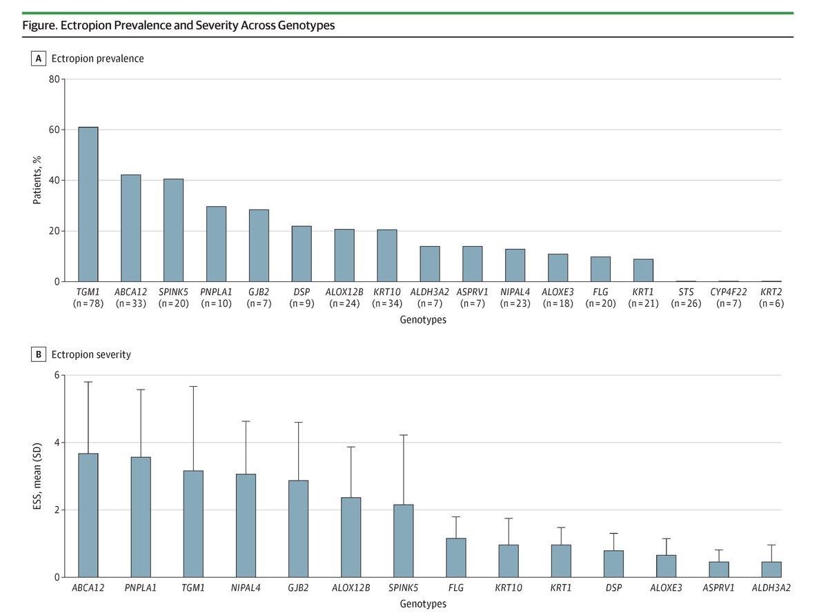 JAMADerm's tweet photo. The Ectropion Severity Score demonstrated excellent reliability in grading ectropion across genotypes in epidermal differentiation disorders, with highest severity observed in TGM1-nEDD and ABCA12-nEDD. https://t.co/ifXFFYUvmd https://t.co/8JFP01dN84