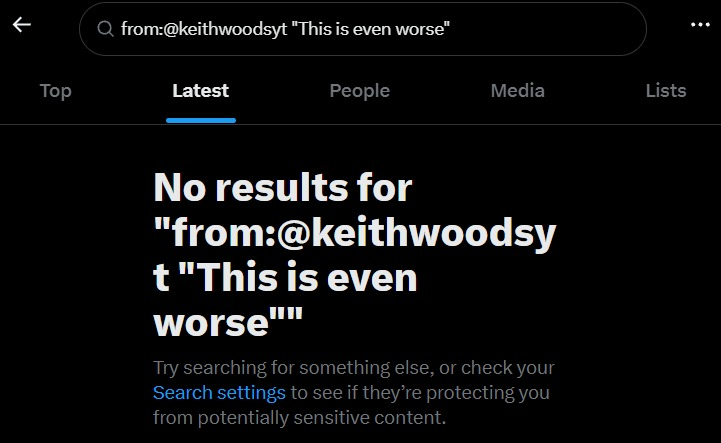 KeithWoodsYT's tweet photo. This is bizarre. My reply to this post has been top reply for days, with 18k likes.

But now it is hidden. When you search either by most relevant or most liked, far less liked replies show up top. And it's hidden in search.

Is X shadowbanning commenters? @nikitabier @elonmusk https://t.co/y5RVdWjp74