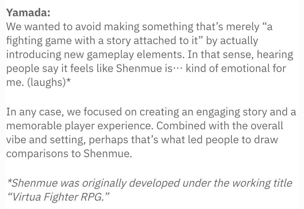 WTShenmue's tweet photo. From the article, just like @Shenmue_Dojo said he references #Shenmue! Something @SEGA doesn't seem interested in doing..

Love the website also mentioned Shenmue starting out as #VirtuaFighter RPG 👍 #LetsGetShenmue4! https://t.co/NrfzqmGuSZ