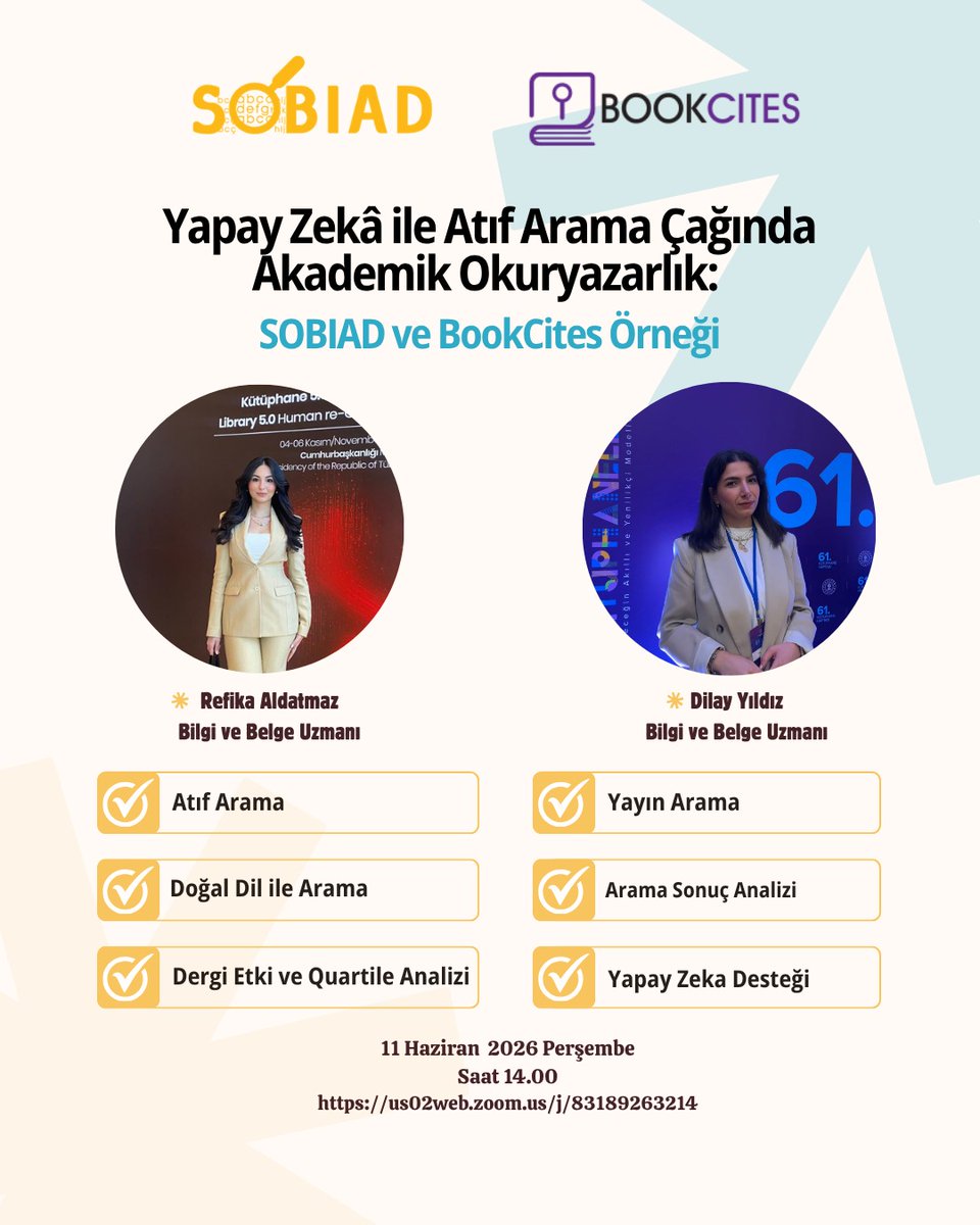 cukutuphane's tweet photo. 📑 Yapay Zekâ ile Atıf Arama Çağında Akademik Okuryazarlık: SOBIAD ve BookCites Örneği eğitimine davetlisiniz 🧑🏻‍🏫

🔍 Eğitim detayları ve kayıt bağlantısı için web sayfamızı ziyaret edebilirsiniz:
https://t.co/hEcv987b4t

#cukurovakutuphane
#çukurovaüniversitesi https://t.co/o4ZXwZzgCI