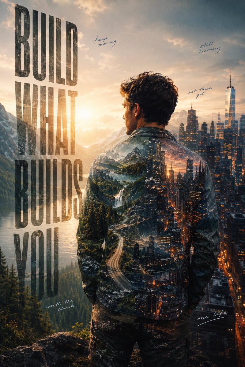hemayxn's tweet photo. BUILT FROM WHAT YOU CHASE.

Created with GPT Image 2.0

Prompt 👇 

Create an ultra-premium cinematic lifestyle poster titled:
"BUILT FROM WHAT YOU CHASE."
CORE CONCEPT
A person's ambitions have become visible.
The world they dream about is physically woven into them.
This is not a double exposure.
This is not a travel poster.
This is not a motivational quote graphic.
Instead, the viewer should feel like they are seeing someone's inner world made real.
MAIN SUBJECT
A young adult standing confidently at the edge of a breathtaking environment.
Seen from behind or in three-quarter profile.
Natural posture.
No dramatic posing.
No superhero energy.
The person should feel real and relatable.
VISUAL TWIST
The subject's clothing, skin, and silhouette gradually transform into the world they are pursuing.
For example:
mountain ranges emerge from jacket folds
rivers flow through fabric seams
city lights appear beneath skin texture
forests grow from shadows
roads become stitched pathways
The transition should feel physically believable.
Not a Photoshop effect.
Not a transparent overlay.
The world should feel embedded within the subject.
ENVIRONMENT
Instead of mountains, create a dramatic contrast between multiple ambitions:
One side:
wild nature
forests
lakes
exploration
The other side:
modern skyline
architecture
glowing city lights
future possibilities
The subject stands between both worlds.
Representing choice.
TYPOGRAPHY
Massive vertical typography running down one side:
BUILD
WHAT
BUILDS
YOU
The words should be integrated into the design.
Not pasted on top.
Architectural typography.
Premium editorial layout.
MICRO TEXT
Small handwritten notes:
"keep moving"
"still learning"
"not there yet"
"worth the climb"
"one life"
Scattered naturally throughout the composition.
COLOR PALETTE
Warm sunrise gold.
Deep forest green.
Slate blue.
Soft ivory.
Muted charcoal.
Premium cinematic tones.
LIGHTING
Golden hour.
Volumetric sunlight.
Natural atmosphere.
Cinematic realism.
Large-scale environmental photography.
PHOTOGRAPHIC STYLE
Shot on a medium-format camera.
Ultra-realistic.
Natural skin texture.
Real fabric detail.
Authentic lighting.
No AI beauty filters.
No fantasy rendering.
No cartoon aesthetics.
FINAL FEELING
The image should feel like a museum-quality visual metaphor about ambition.
A viewer should instantly understand:
"You eventually become the things you spend your life chasing."