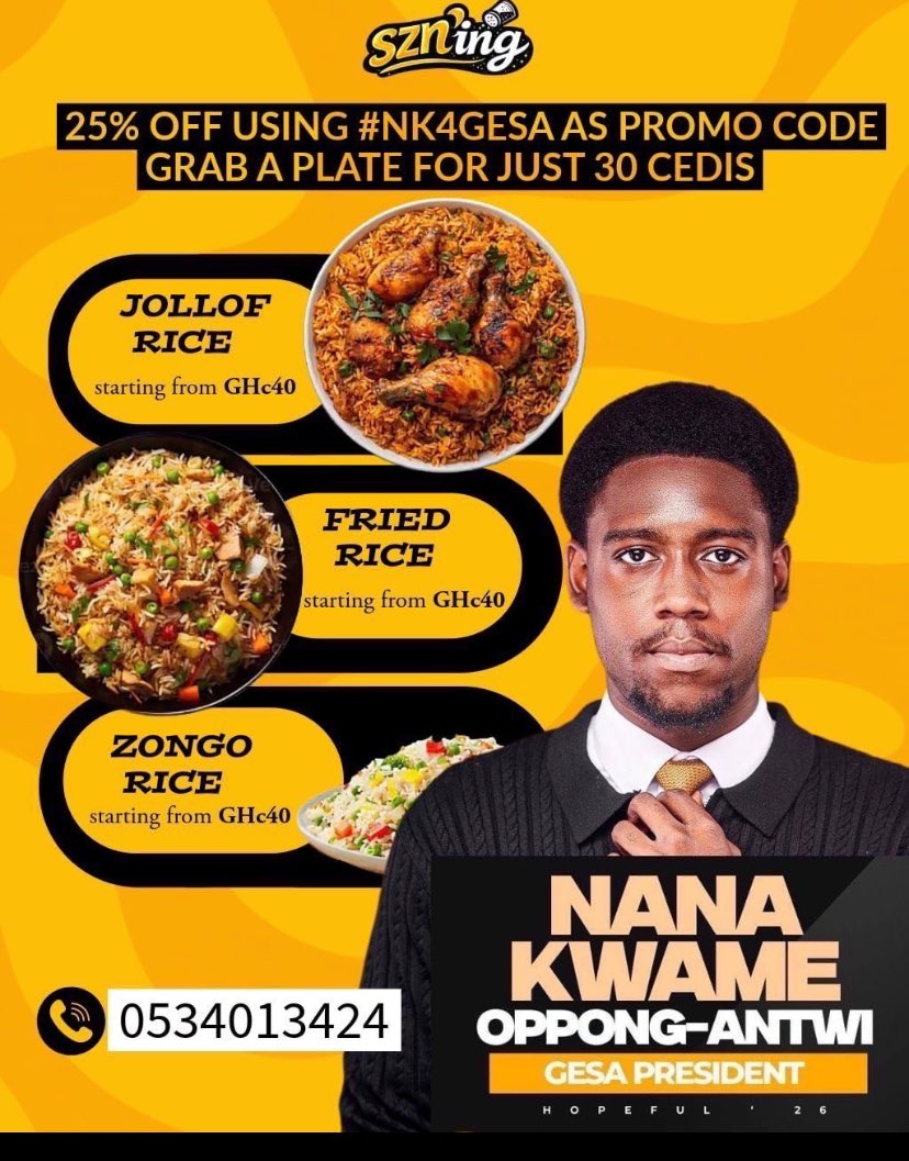 __nanaos's tweet photo. Szning kitchen is giving a 25% discount for food for purchased just use the promo code of #NK4GESA and enjoy your meal please share this to your friends and other course colleagues. #SWAGGA https://t.co/ivQsFRbusH