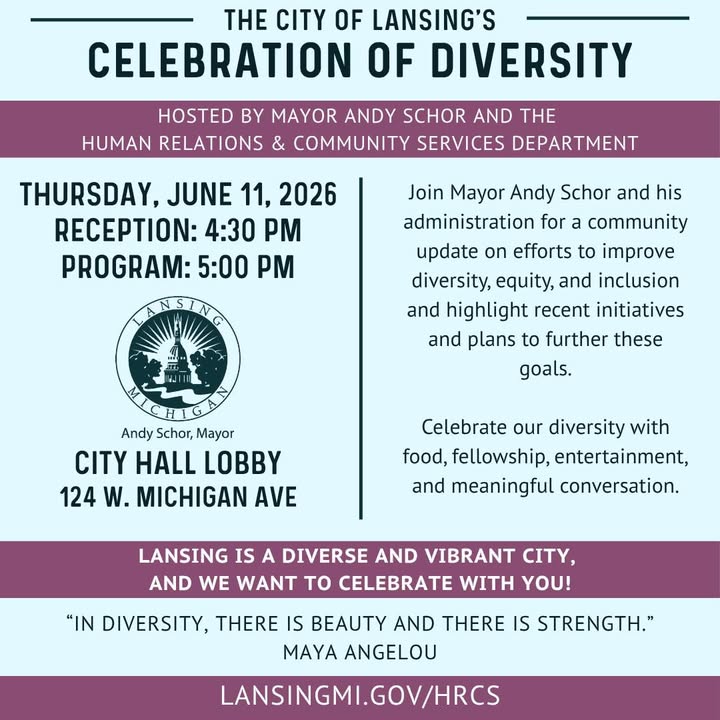 lansingmichigan's tweet photo. Reminder: Join Mayor Andy Schor and his administration on Thursday for an update on efforts to improve diversity, equity, and inclusion and recent initiatives/plans to further these goals.

Celebrate our diversity with food, fellowship, entertainment, and meaningful conversation! https://t.co/8mTyyiLgDJ