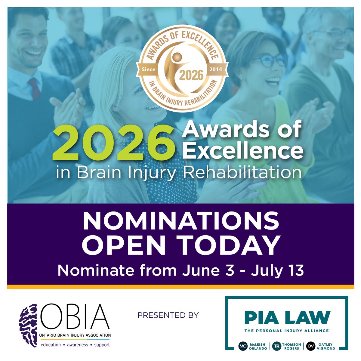 OntarioBIA's tweet photo. 🏆 OBIA, in collaboration with PIA Law, is pleased to present the 2026 Awards of Excellence in Brain Injury Rehabilitation. Nominations are OPEN! Nominate here ➡️ https://t.co/7Wiw4KPSpk
#AOE2026
@mcleishorlando 
@thomsonrogers 
@OatleyVigmond https://t.co/6udwDLujgr