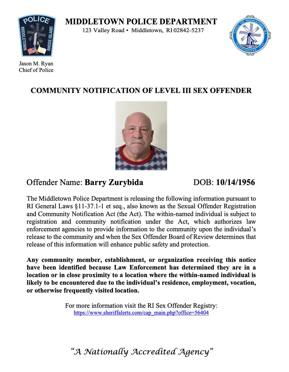 MiddletownRIPD's tweet photo. As part of new state requirements, the #MiddletownRI Police Department is notifying the community about the following Level III Sex Offender. For more information, visit https://t.co/nh3D6Xd0Ix online. https://t.co/3ey599E44m