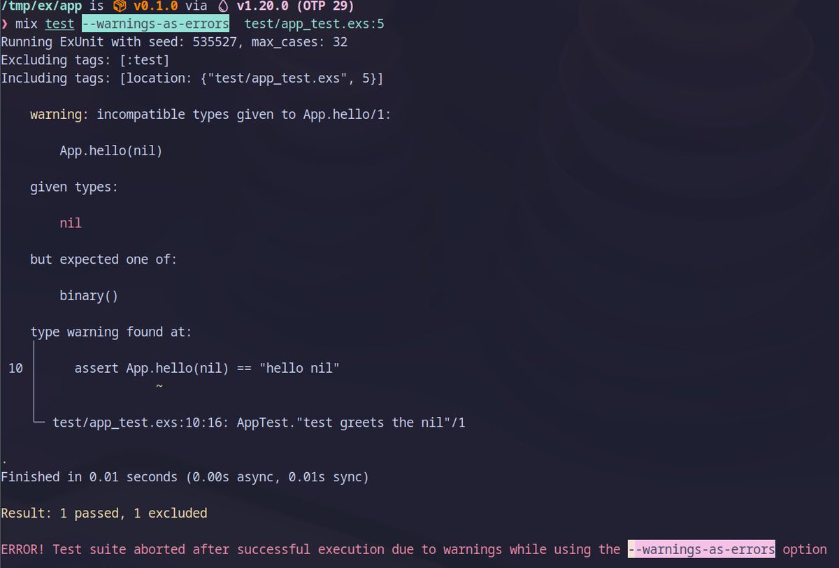 slashmili's tweet photo. TIL: There is a new `--warnings-as-errors` option for `mix test` which helps you to keep your tests tidy!

https://t.co/vZitGEbEyn https://t.co/hO7VjZtq03