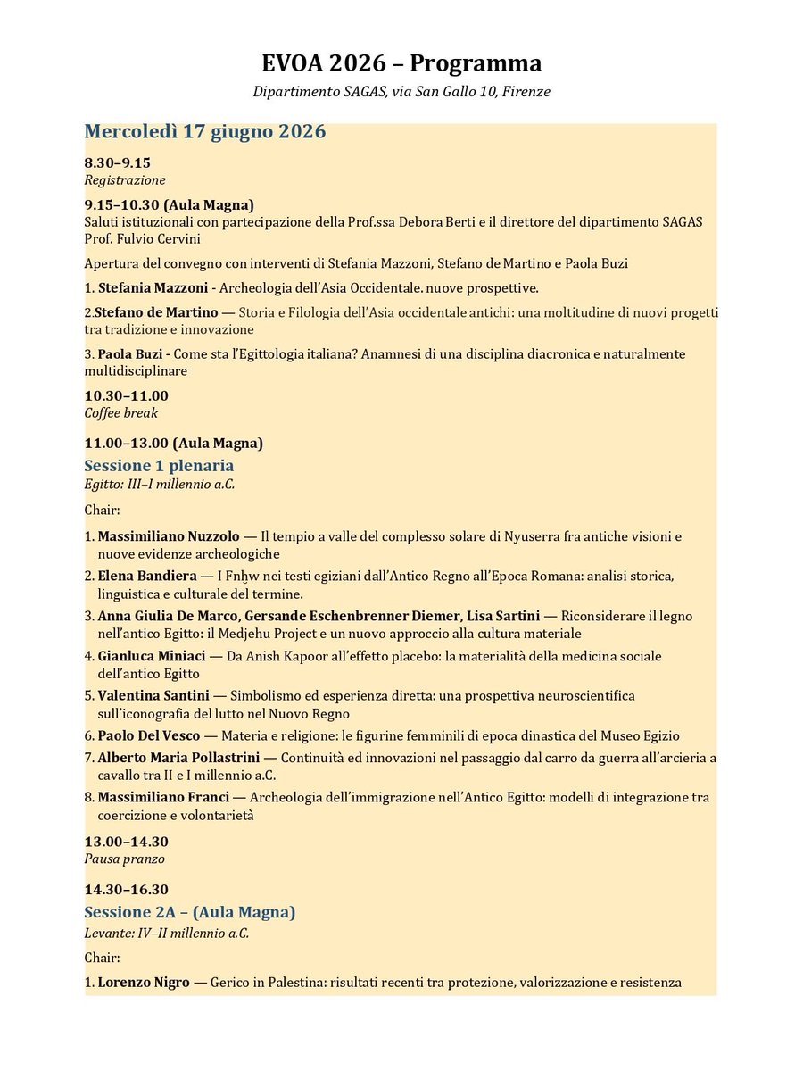 CAMNES's tweet photo. Dal 17 al 19 giugno 2026, l'Università di Firenze ospiterà il convegno EVOA - Egitto e Vicino Oriente Antichi, a cui parteciperanno anche Massimiliano Franci e Valentina Santini (CAMNES).
https://t.co/mXC84liznj
#evoa2026 #egitto #vicinooriente #archeologia #egittologia https://t.co/BR27SJaazL