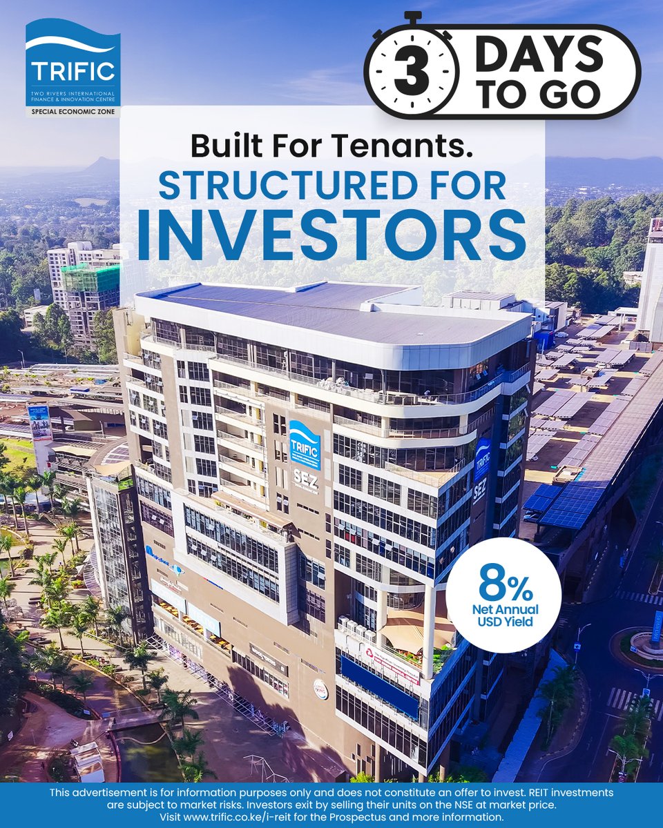 trificsez's tweet photo. Location is everything in real estate.

The TRIFIC North Tower is situated in Nairobi's most prestigious diplomatic zone, just 10 minutes from the UN Complex. As part of a 64-acre "live-work-play" Special Economic Zone, it offers tenants unmatched security, reliable power, and zero VAT on rent.

This prime positioning is why it’s generating stable, predictable returns for investors. Why wait to buy property when you can own a piece of this landmark today?

Tap the link to see how the TRIFIC USD I-REIT is making institutional-grade real estate accessible to you: https://t.co/rZ4NsP8GTB

#TRIFICIREIT #GreenFinance #InvestLocally #EarnGlobally #EarninUSD #BuiltForWhatsNext